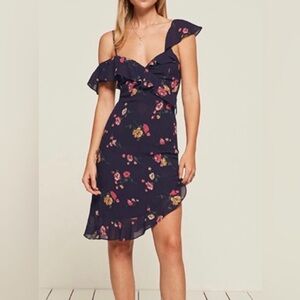 Reformation Adora Dress - off shoulder asymmetrical blue floral wrap midi
